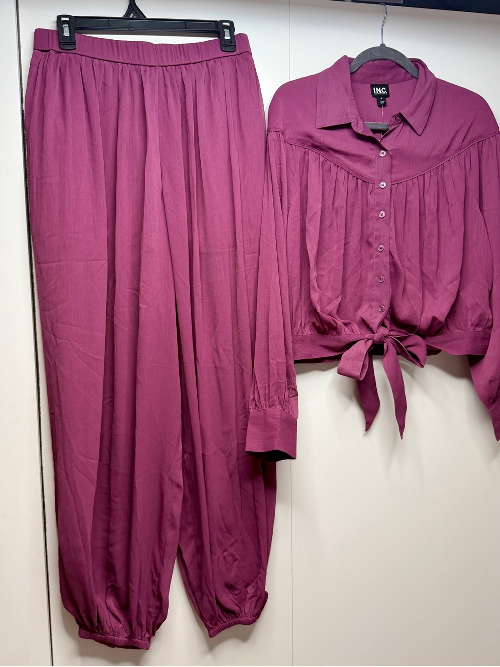 INC International Concepts Raspberry-Pink Two-Piece Tie-Front Top & Harem Pants
